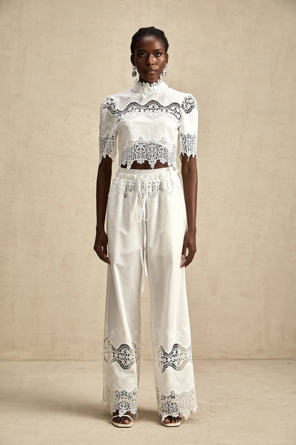 Raphaelle Lace-Trim Cut-Out Cropped Top & Trousers Matching Set
