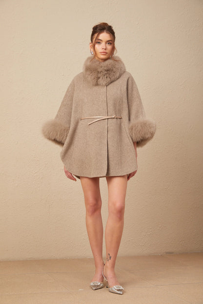 Chloris wool fur belted cape coat in Brown