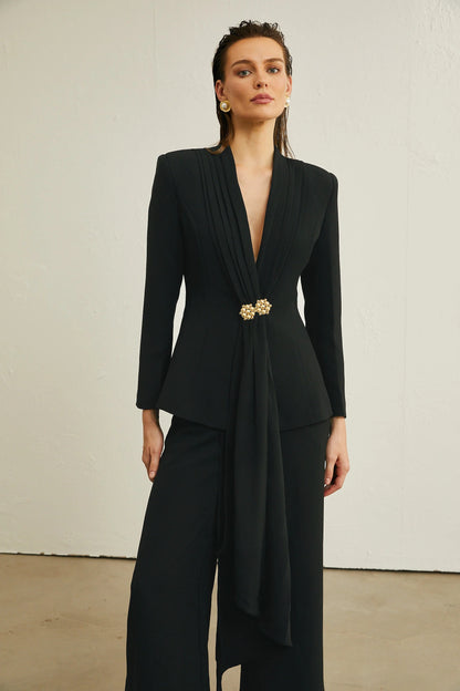Suzanne Black Pleated Jacket & Trousers Matching Set