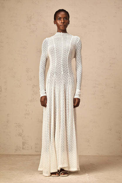 Athena Wavy-Pattern Lace Maxi Dress in White