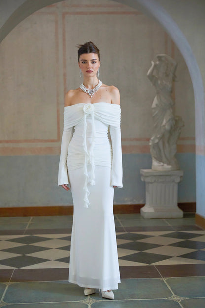 Wanda White Glittered Floral-Applique Knit Maxi Dress
