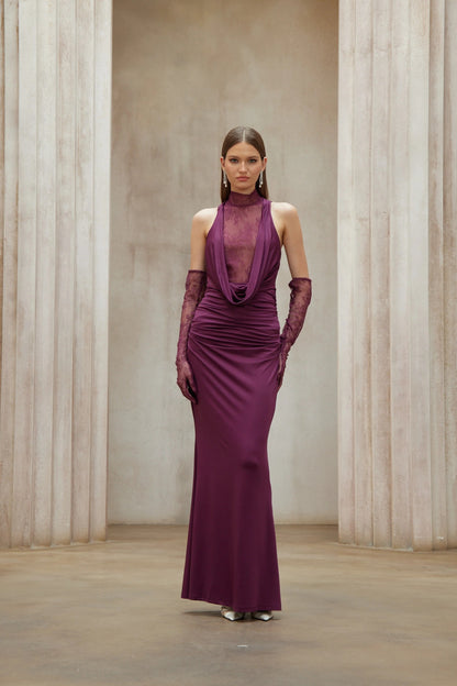 Borbala Magenta Lace Bodice Ruched Maxi Dress