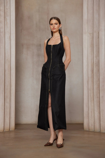 Adrienne black denim front-slit contrast-stitching maxi dress