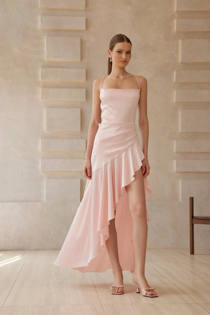 Lena Pink Asymmetrical Satin Midi Dress