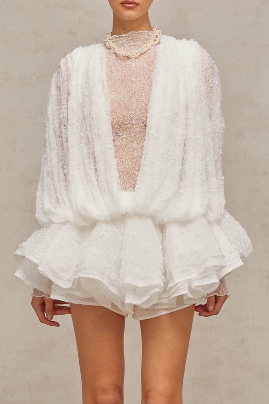 Isoline white semi-sheer lace top & shorts & dress matching set