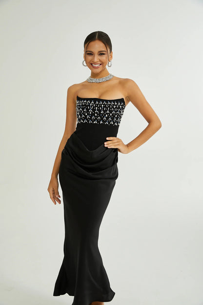 Aurore Black Crystal Embellished Maxi Dress