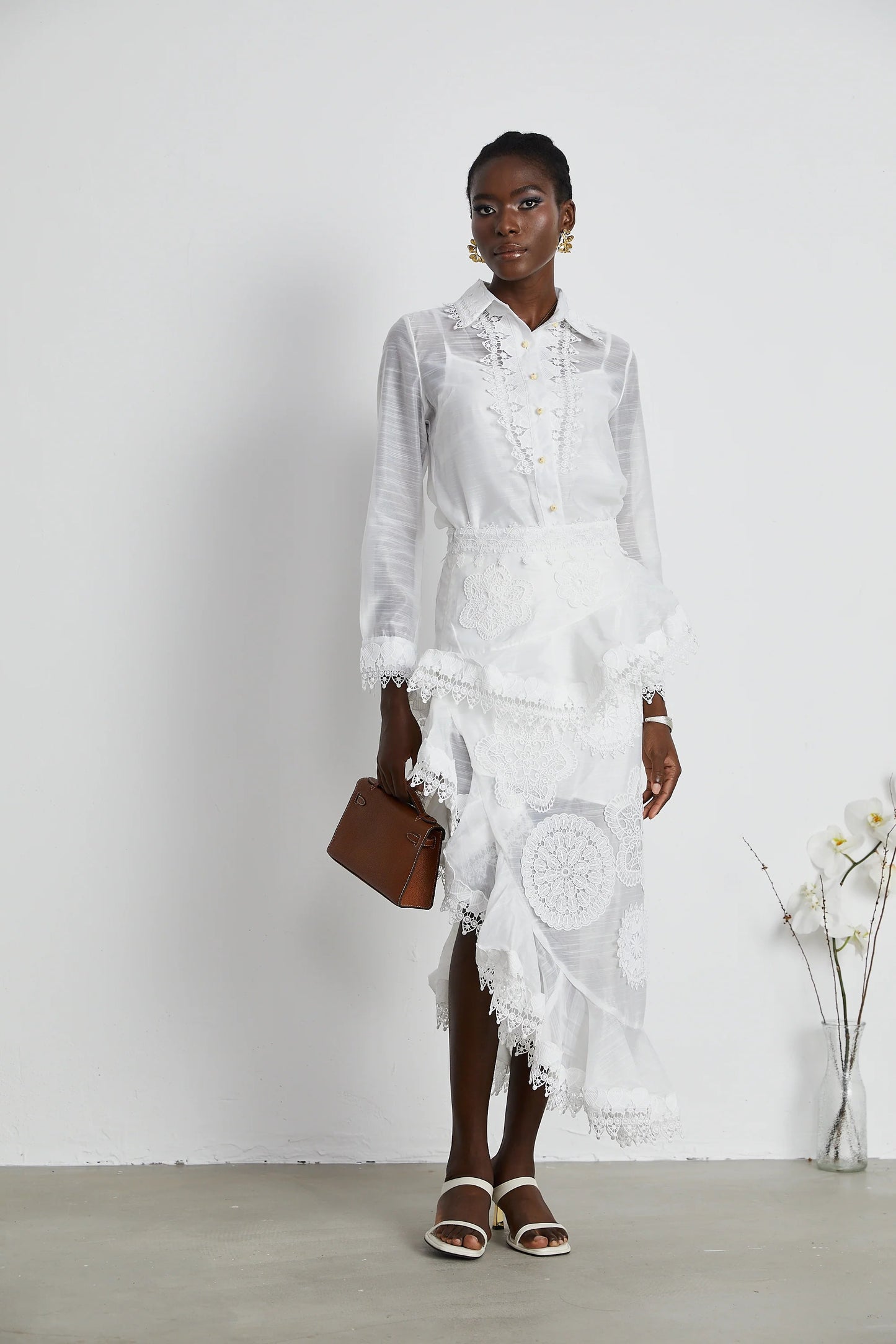 Renee White Semi-Sheer Shirt & Skirt Matching Set