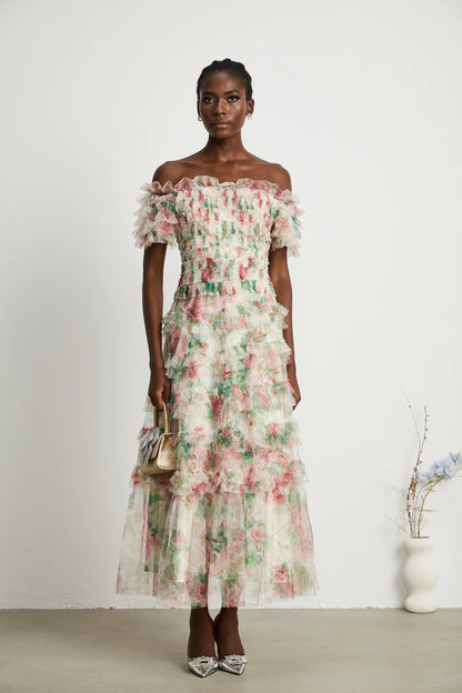 Suzette Floral-Print Tiered Midi Dress