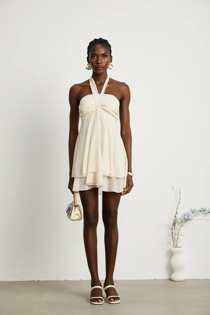 Esmerie Sleeveless Bustier Mini Dress with Back Tie Detail