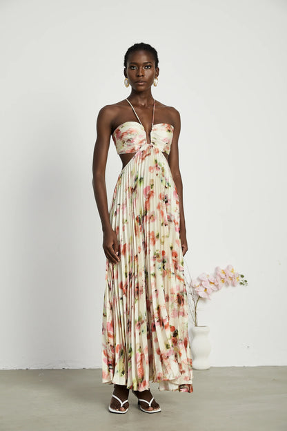 Andrea Cut-Out Floral-Print Pleated Maxi Dress