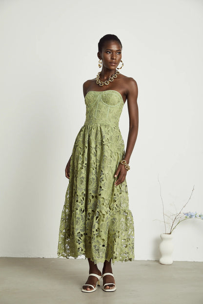 Ines lace floral embroidered cut-out midi dress in Green