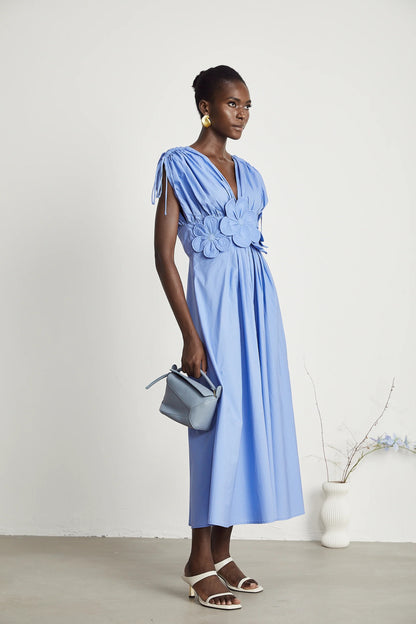 Emma Petal-Detail Drawstring Maxi Dress in Blue