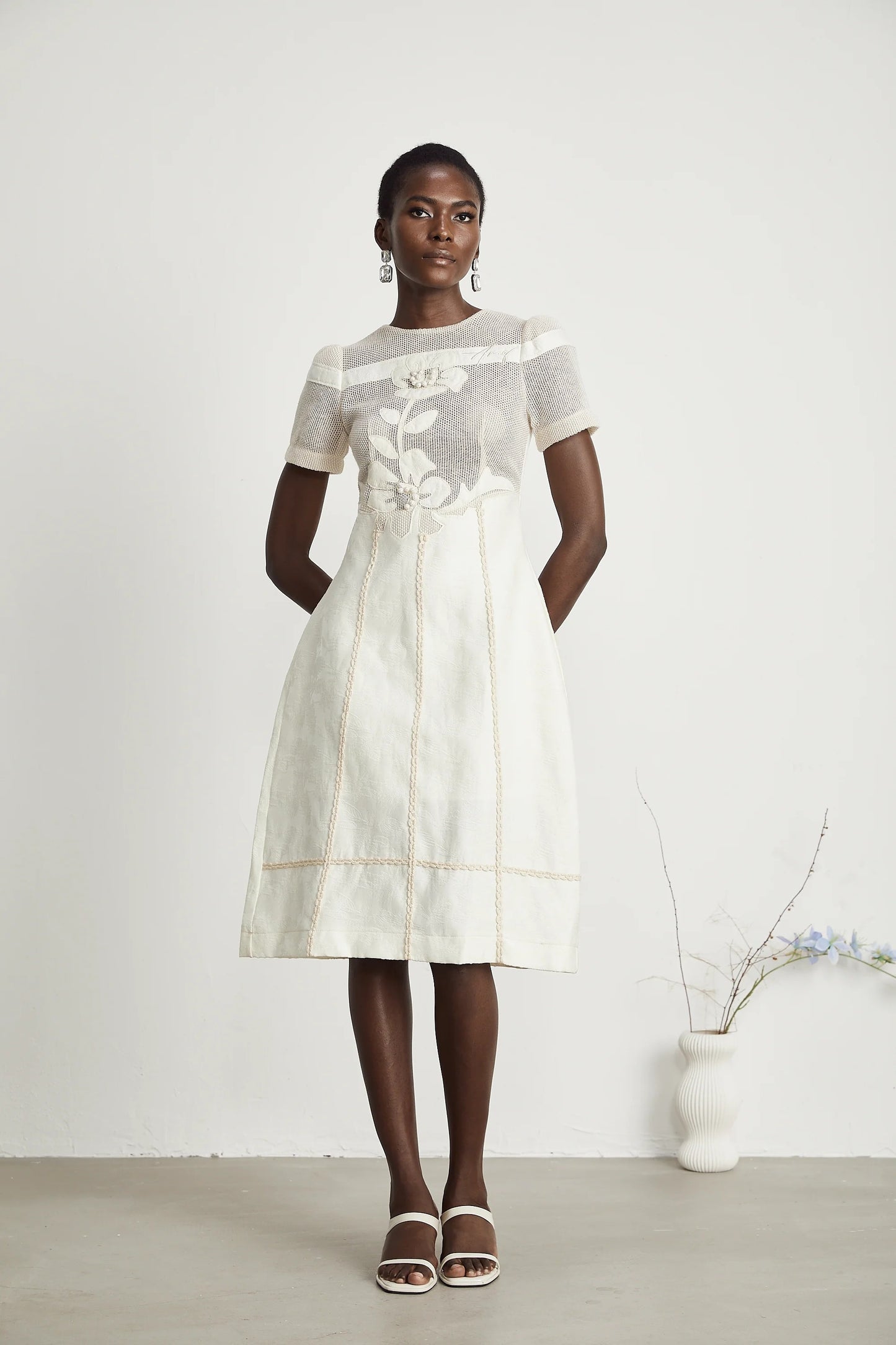 Diane Floral Embroidered Openwork Midi Dress