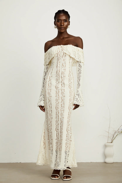 Emeline Floral Lace Flared-Cuff Maxi Dress in Neutrals