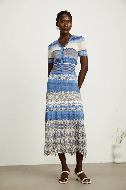 Daniela Blue Zigzag-Design Knit Top & Skirt Matching Set