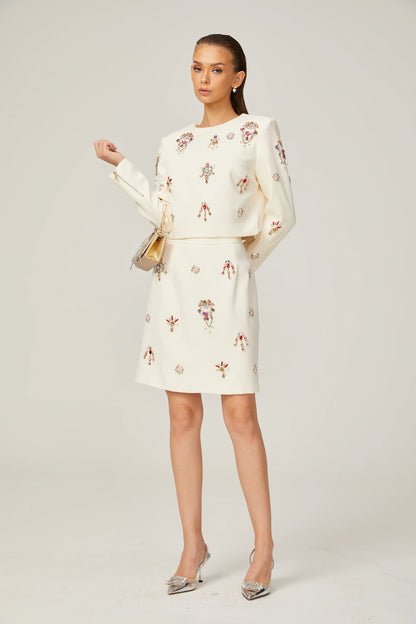 Jeanne white crystal-embellished top & skirt matching set