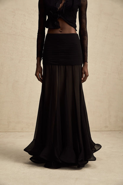 Jacqueline rayon ruffle pleated tulle maxi skirt