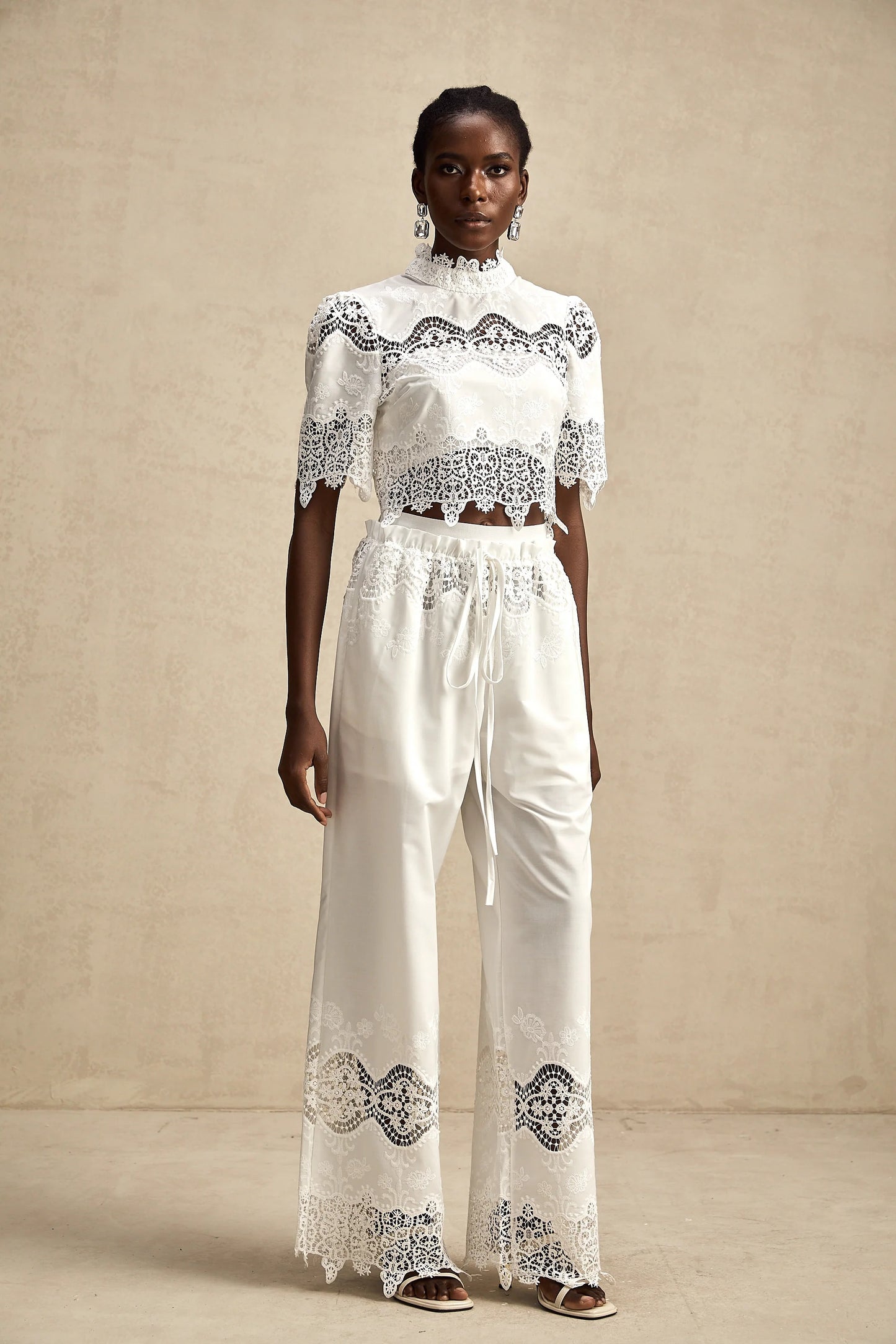 Raphaelle Lace-Trim Cut-Out Cropped Top & Trousers Matching Set