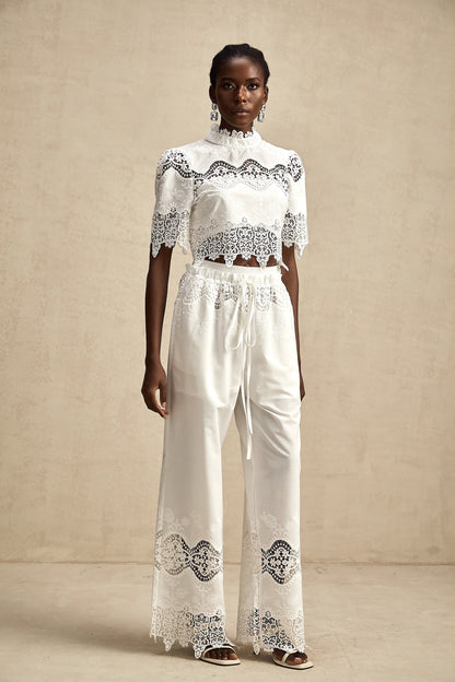 Raphaelle Lace-Trim Cut-Out Cropped Top & Trousers Matching Set