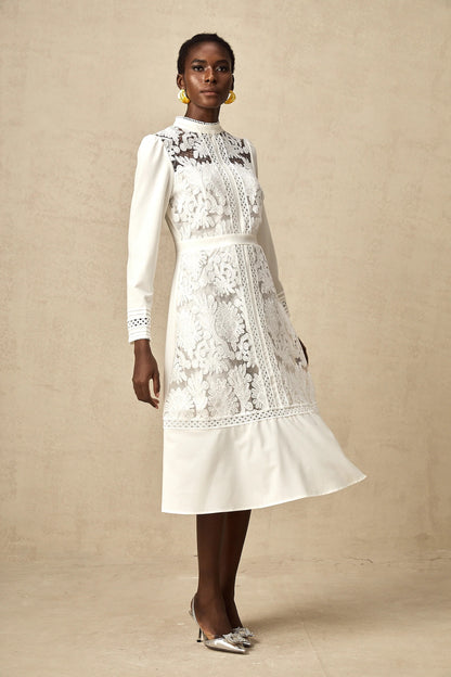 Madeleine White Panelled Embroidered Midi Dress