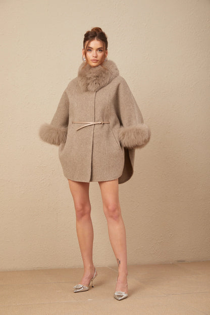 Chloris wool fur belted cape coat in Brown