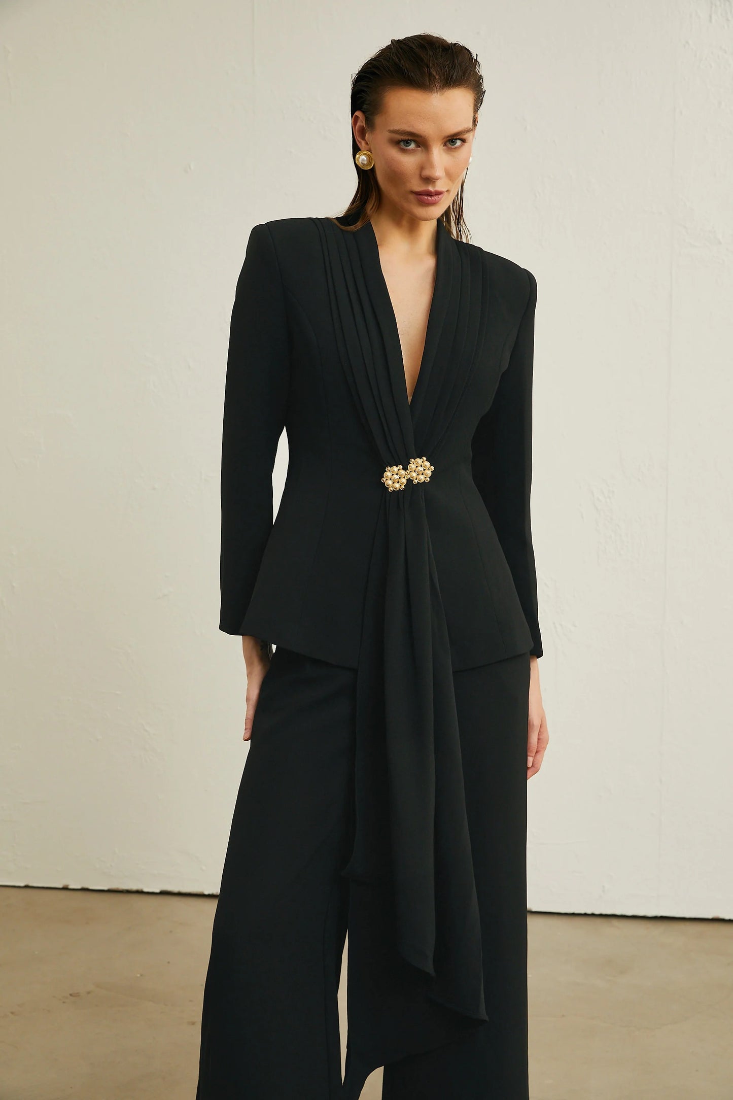 Suzanne Black Pleated Jacket & Trousers Matching Set