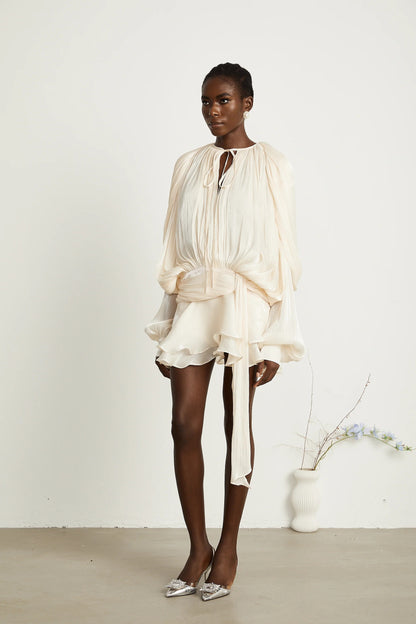 Eugenie Neutral Fully Pleated Ruffled Mini Dress
