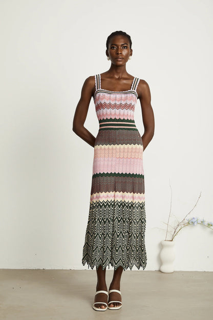 Daphne Contrast-Color Knitted Midi Dress