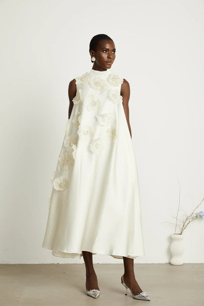 Emilie Sleeveless Floral-Applique Midi Dress in White