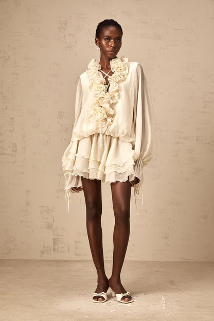 Zephyrine Floral-Applique Tiered Mini Dress in Neutrals