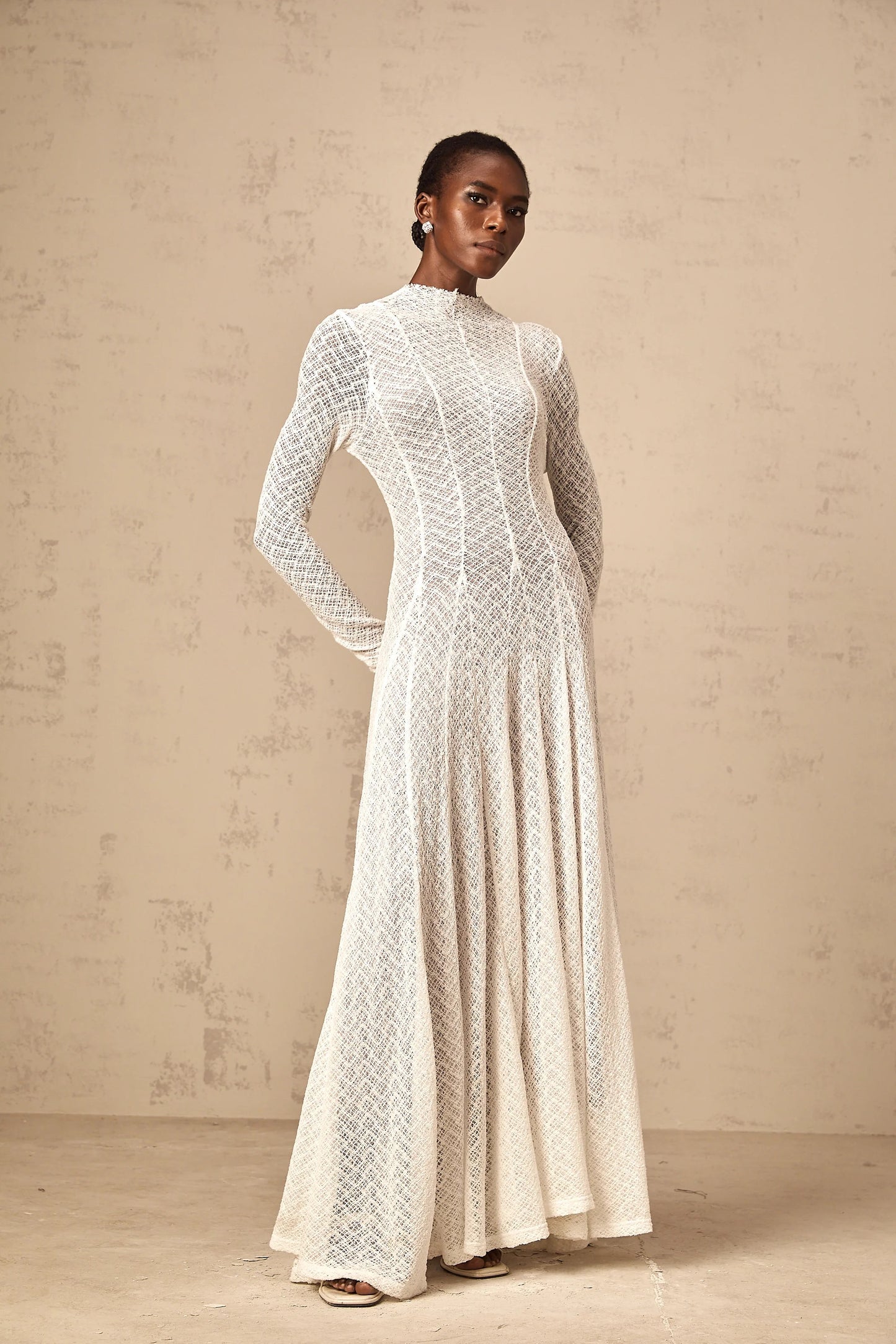 Athena Wavy-Pattern Lace Maxi Dress in White