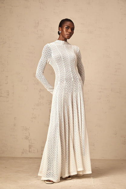 Athena Wavy-Pattern Lace Maxi Dress in White