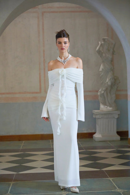 Wanda White Glittered Floral-Applique Knit Maxi Dress
