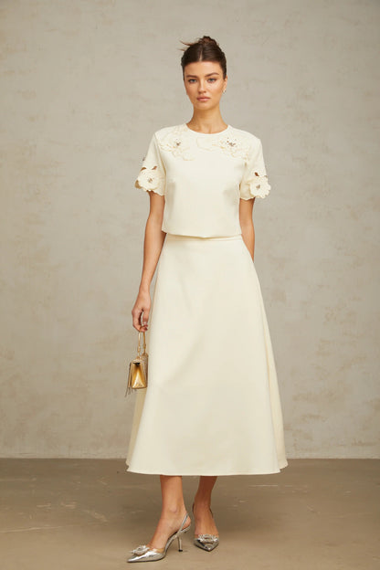 Coralie neutrals 3D-petal top & skirt matching set