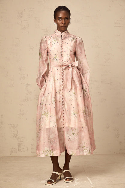 Narcisse Pink Embellished Floral-Print Midi Dress
