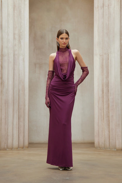 Borbala Magenta Lace Bodice Ruched Maxi Dress
