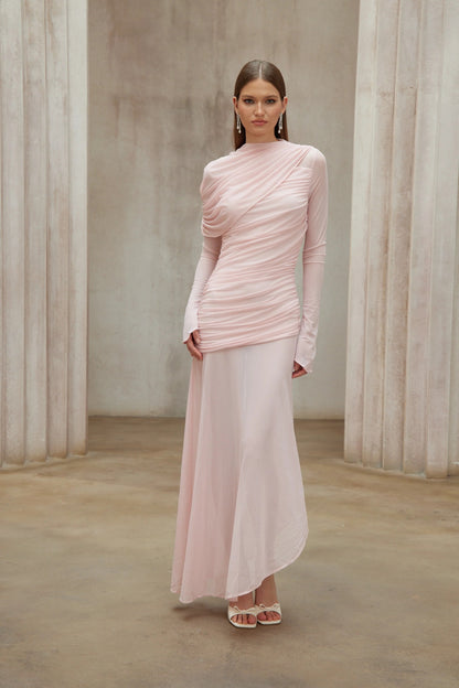 Garance Pink Asymmetrical Ruched Mesh Maxi Dress