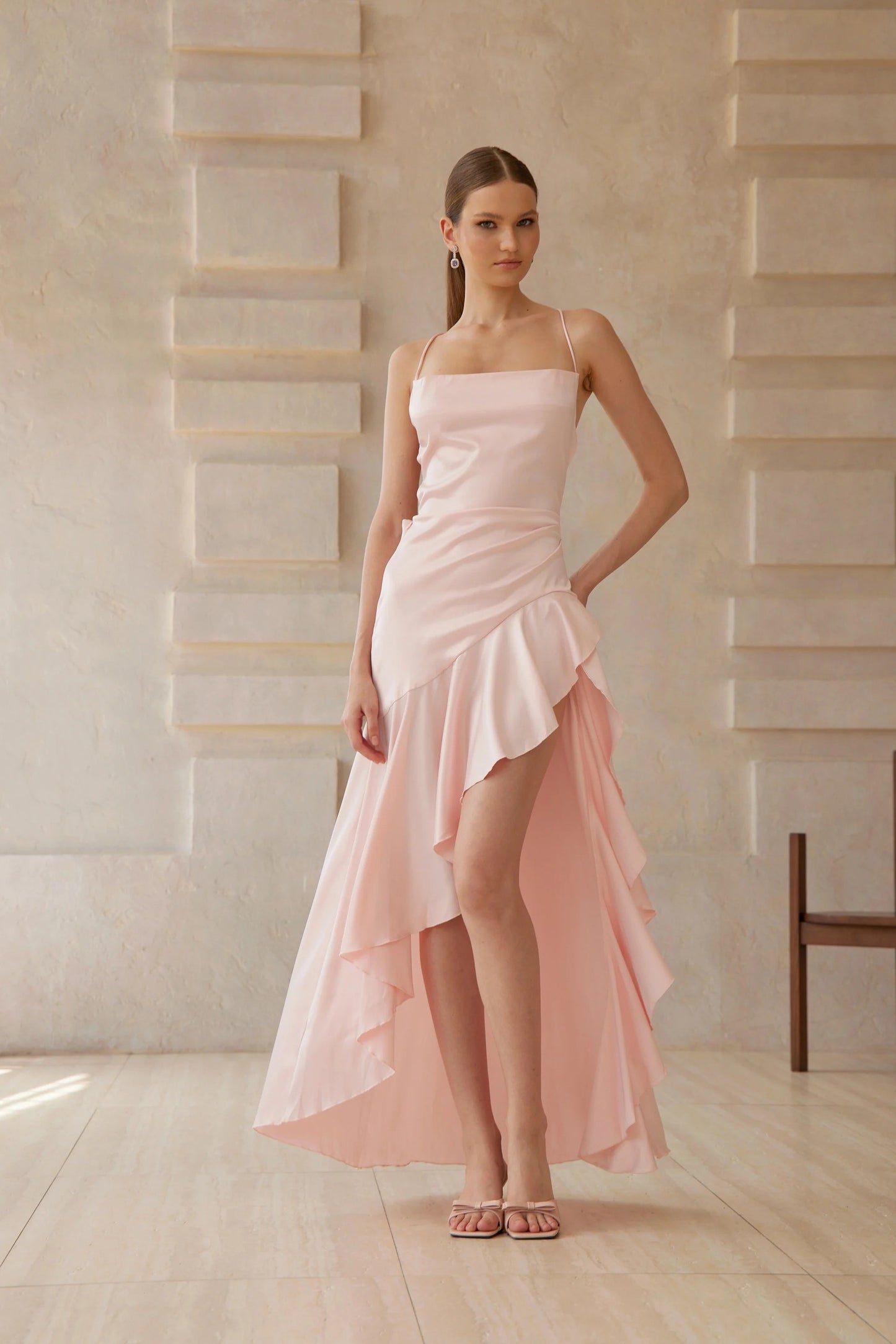 Lena Pink Asymmetrical Satin Midi Dress