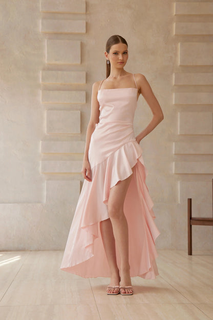 Lena Pink Asymmetrical Satin Midi Dress