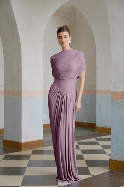 Catherine asymmetrical pleated maxi dress in Purple