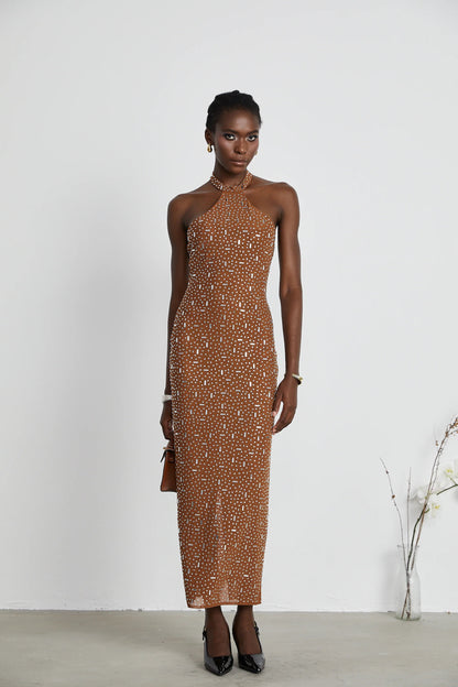 Desiree Brown Embellished Halter Neck Bodycon Maxi Dress