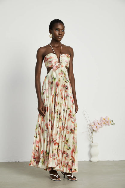 Andrea Cut-Out Floral-Print Pleated Maxi Dress