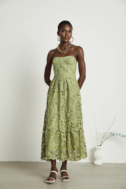 Ines lace floral embroidered cut-out midi dress in Green