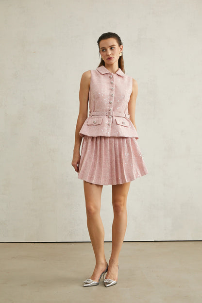 Elise Pink Pleated Embellished Mini Dress