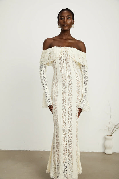 Emeline Floral Lace Flared-Cuff Maxi Dress in Neutrals