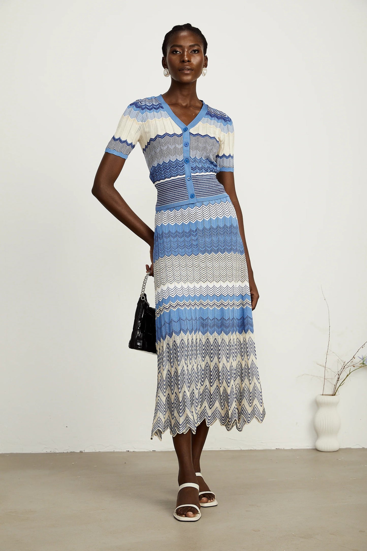 Daniela Blue Zigzag-Design Knit Top & Skirt Matching Set