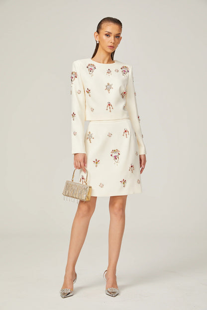 Jeanne white crystal-embellished top & skirt matching set