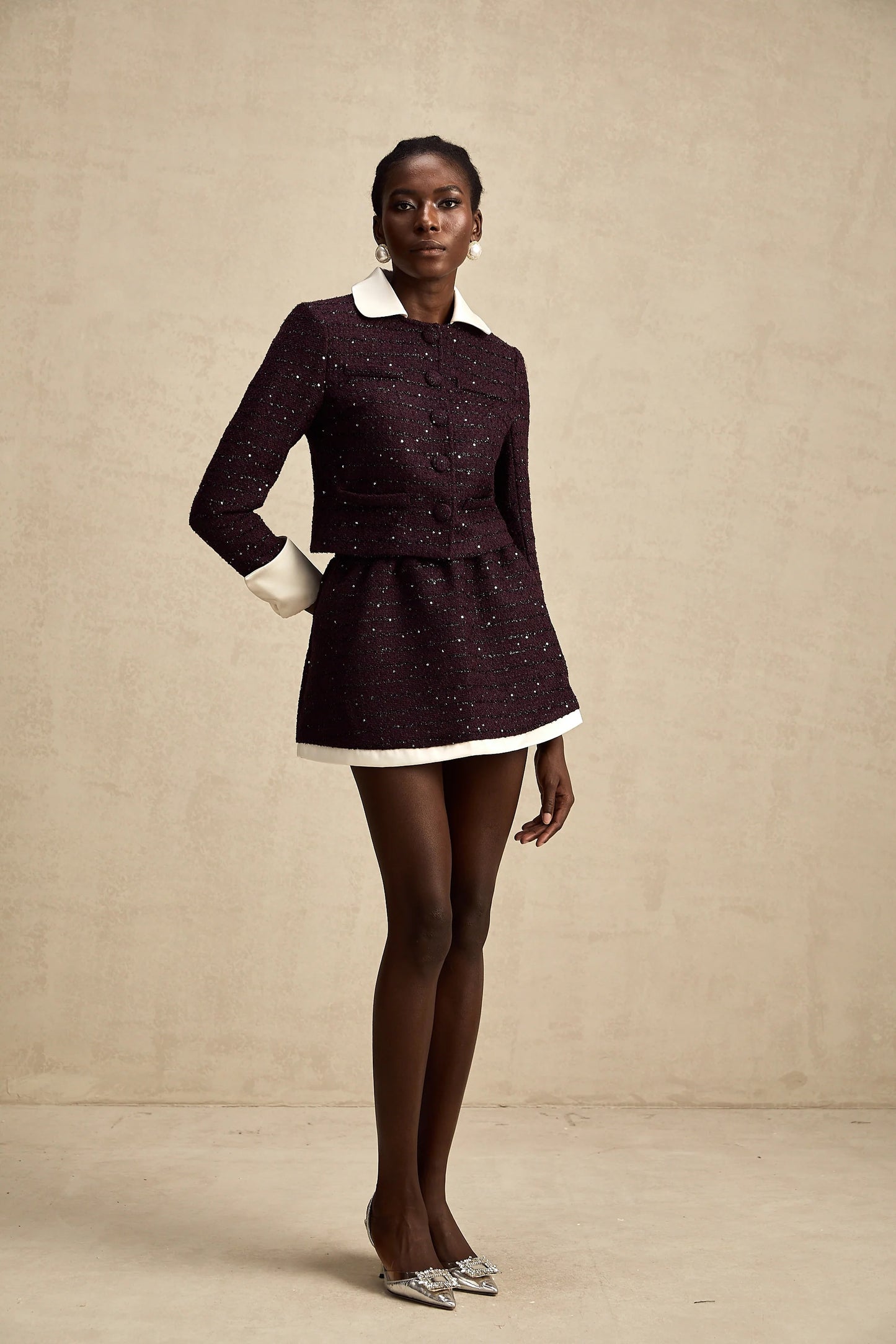 Brigitte Purple Sequined Tweed Jacket & Skirt Matching Set