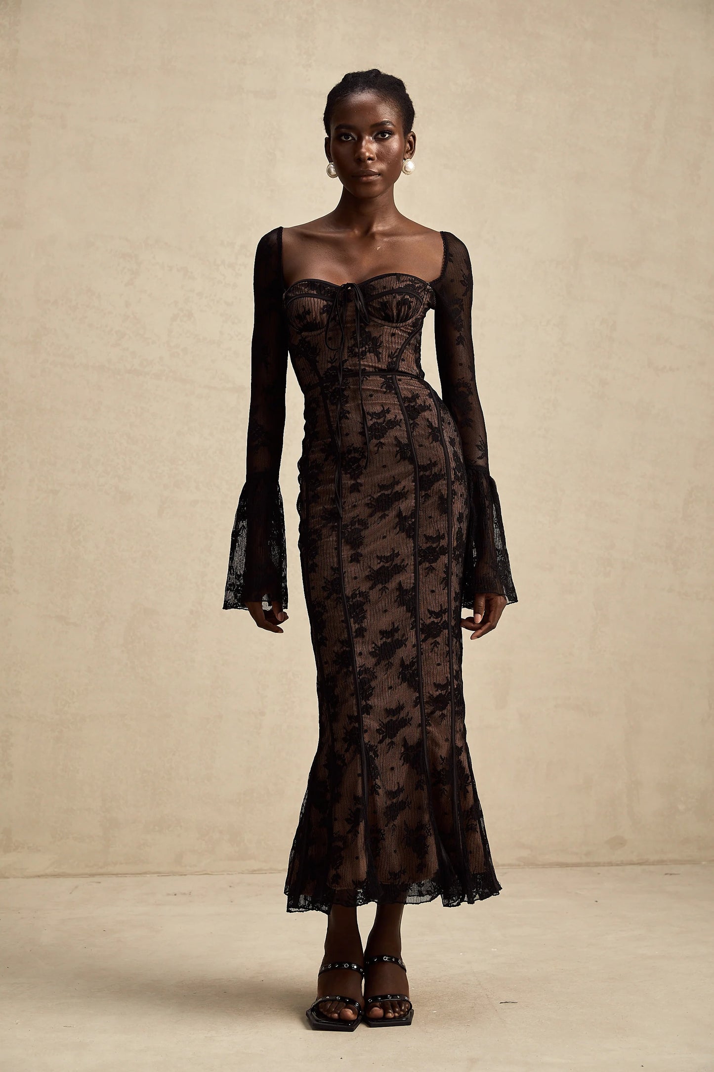 Marlene Black Flared Lace Maxi Dress