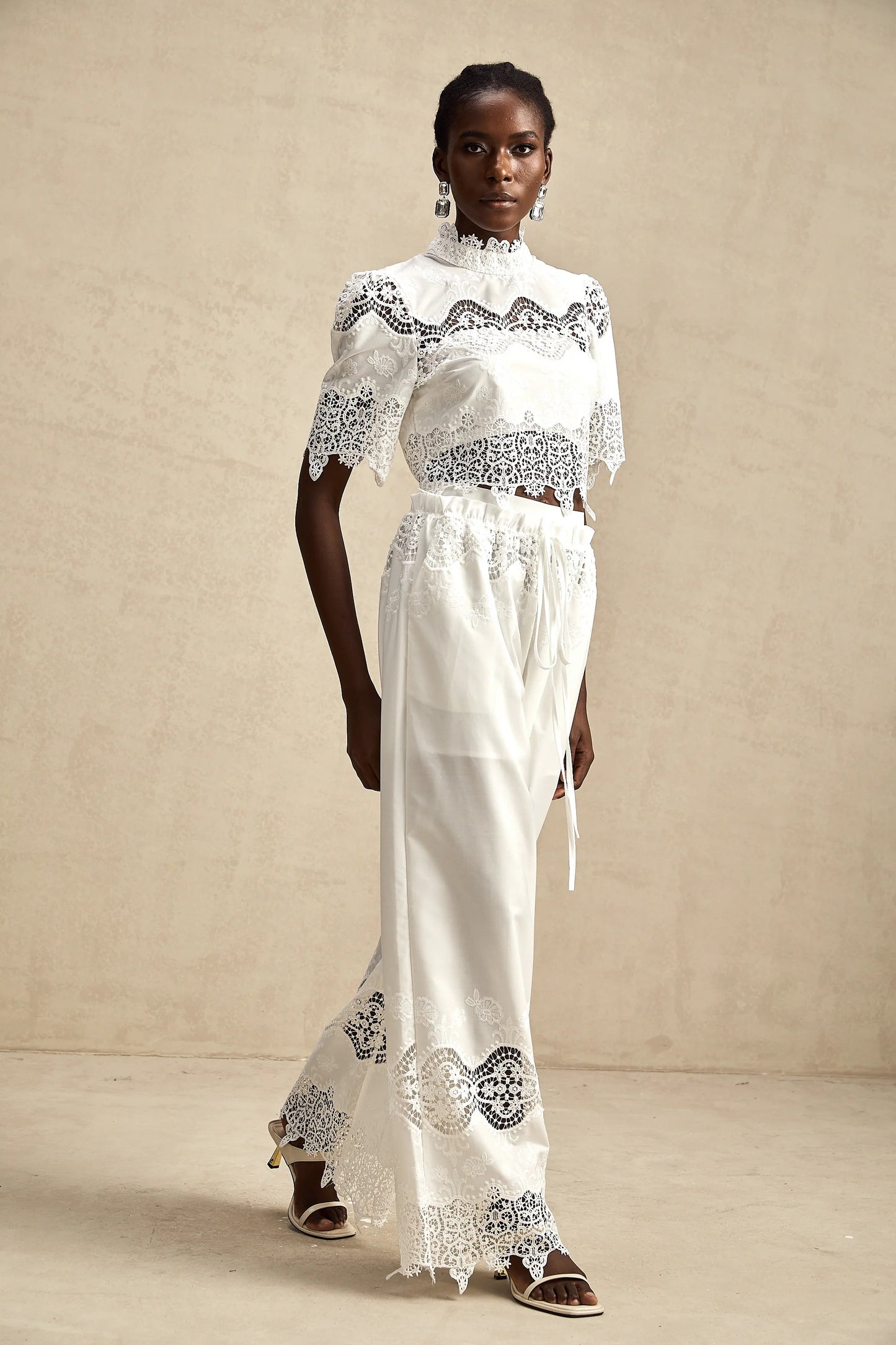 Raphaelle Lace-Trim Cut-Out Cropped Top & Trousers Matching Set